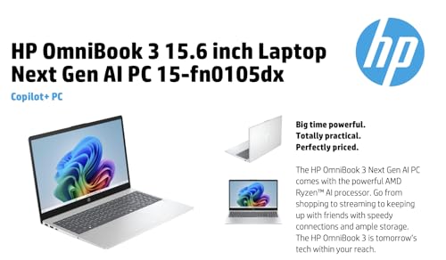 Image of HP OmniBook 3 AI Powered Laptop 15.6 inch Touchscreen IPS FHD Display (AMD Ryzen AI 5 330, 64GB DDR5, 4TB PCIe SSD, AMD Radeon 820M, Fingerprint, WiFi 6, Webcam, Bluetooth 5.4, Win 11 Home) w /USB-C Dock