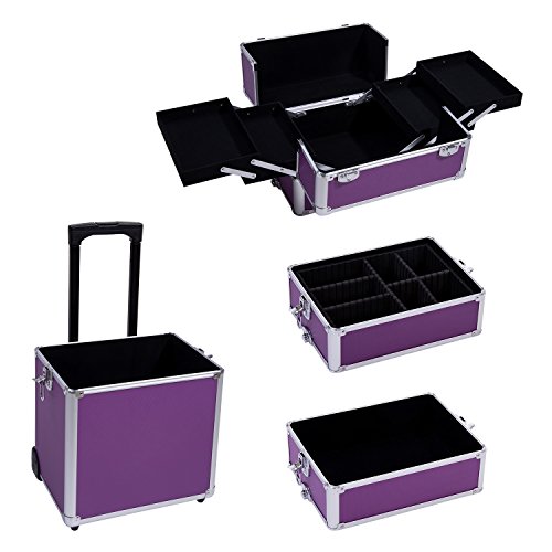 Ollieroo 4 in 1 Aluminum Rolling Cosmetic Makeup Train Cases Trolley Professional Artist Train Case Organizer Box Lift Handle Lock 2 wheel 2 Keys Each Layer Total 8 Keys Purple - Thumbnail 5