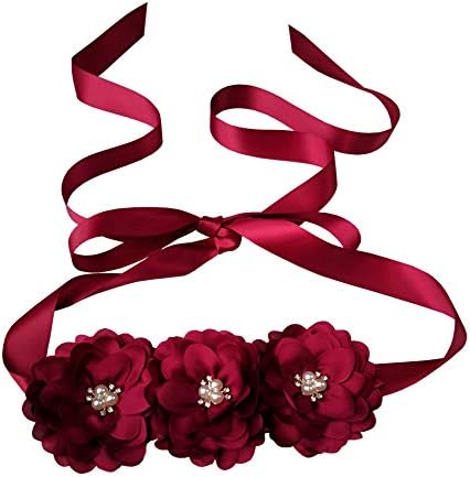 Oyabridal Flower Girl Sash Belt for Dresses Bride/Bridesmaid Sash Belts Flower Pearls Sashes for Wedding Dress (Burgundy)