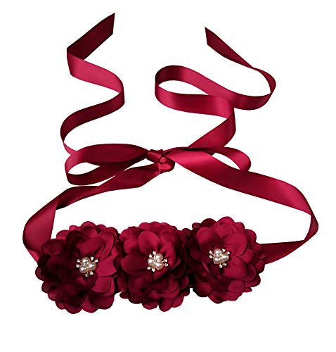 Oyabridal Flower Girl Sash Belt For Dresses Bride/Bridesmaid Sash Belts Flower Pearls Sashes For Wedding Dress (Burgundy) #TOP3