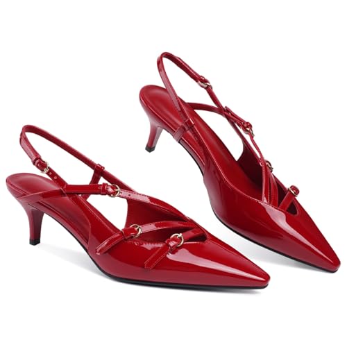 Image of CORNMOOD Stiletto Slingback Heels Pumps for Women | Glossy Patent Leather Kitten heel, Chic Dress Shoes for Modern Women, Ideal Wedding Evening Party and Work Office Outfit