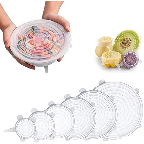 Silicone Stretch Lids, Various Sizes Cover for Bowl Reusable, Durable & Expandable to Fit Many Container Sizes & Shapes. Superior for Keeping Food Fresh, Dishwasher & Freezer Safe (Clear-6Pcs) Cover