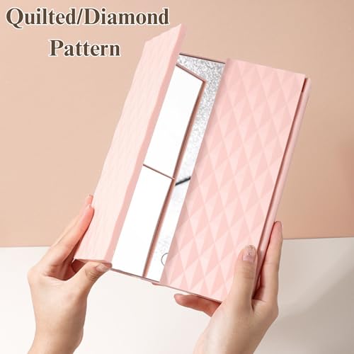 Image of Tri-Fold Makeup Mirror with Stand | Travel-Friendly Vanity Mirror | Portable and Compact Tabletop Folding Mirror for Beauty, Skincare, Pack of 1, Pink