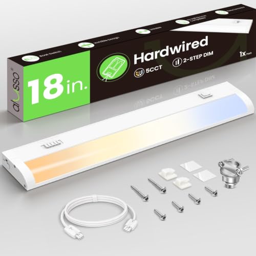 ALUSSO 18 Inch LED Under Cabinet Lighting Hardwired 120V 5CCT Color Selectable 2700K-5000K Dimmable 10W 800LM High Brightness CRI 90+ Strip Linkable Under Counter Lights for Kitchen Sink 1 Pack