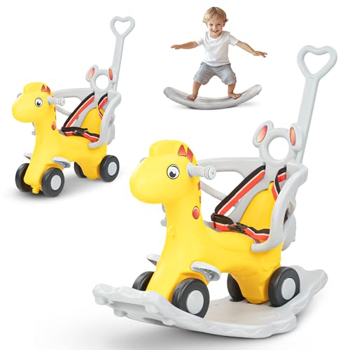 Image of 3 in 1 Baby Rocking Horse Ride On Car for Kids | Baby Rocking Chair with Parental Handle, Balance Board, Safety Guardrail & Belt | Push Ride On Toy Car for Kids 1-3 Years (Yellow)