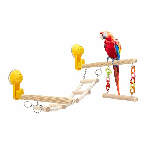 Wood Window Bird Perch Toy with Suction Cup Climbing Ramp Ladder Platform Enrichment Accessories Stuff for Parrot Parakeet Budgie Cockatiel Finches to Playstand Bath Car Love Travel Inside Cage