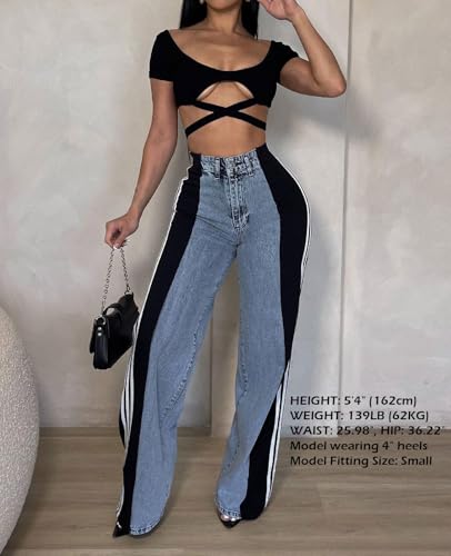 Women's Jeans Trendy Wide Leg High Waist Striped Stretch Casual Loose Fit Long Pants Blue Black S2
