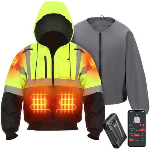 KEMIMOTO 149°F Heated Safety Jacket Men with 20000mAh Battery, High Visibility Jacket with 4 Heat Zones, Yellow Bomber Jacket, 3-in-1 Heated Jacket Men, 8000mm Waterproof for Winter Work (X-Large)