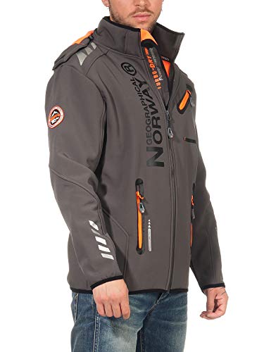 Geographical Norway ROYAUTE MEN - Giacca Softshell Impermeabile Uomo - Giubbotto Cappuccio Traspirante All'aperto - Giacca Invernale Antivento - Ideale Attività All'aperto (Grigio scuro/Arancio, L)