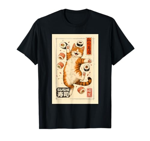 Poster Chat café Sushi Harajuku Kawaii Chat Japonais drôle T-Shirt