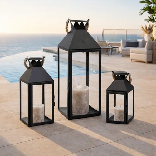 Mojawo® Lot de 3 lanternes de jardin XXL en métal - Hauteur : 25/40/51 cm - Avec poignée en corde - Noir