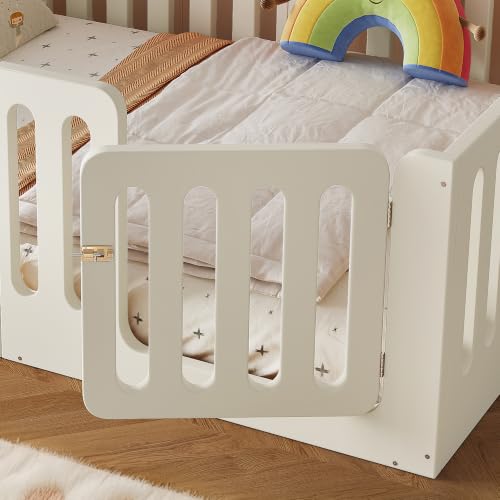 Image of Bellemave Full Montessori Floor Bed Frame,Beige | Solid wood kids montessori floor bed with high safety fence & door, low to ground design for girls and boys