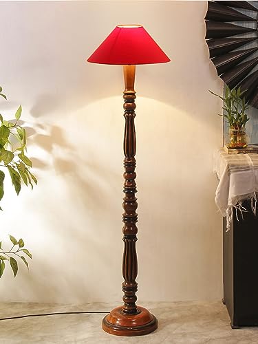 Image of Red Coolie Cotton Floor Lamp with Wooden Base - Height 53 Inches | Modern Standing Lamp for Living Room, Bedroom & Office | Stylish Home Decor Lighting & Decorative
