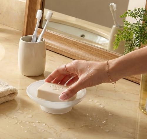 Image of Premium Frosted Glass Soap Dish for Bathroom and Kitchen | Round Countertop Soap Holder Case with Raised Interior Ridges for Shower Sink & Vanity Counter, Matte White Finish
