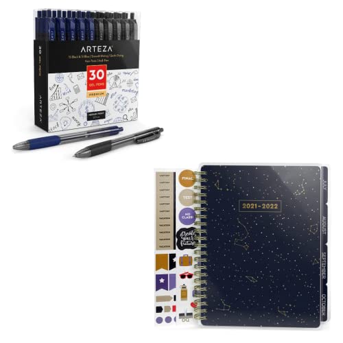ARTEZA Gel Pens, Set of 30 Roller Ball Bullet Journal Pens (15 Black & 15 Blue) Academic Planner, 9 x 7 Inches, 113 Sheets, Office Supplies for Writing, Taking Notes & Sketching
