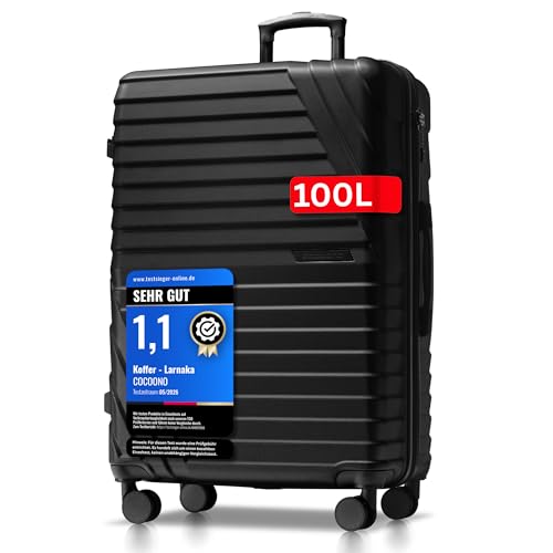 Hartschalenkoffer XL Groß - 100L Volumen erweiterbar auf 117L - 158cm Gurtmaß - 8 Rollen 360 drehbar - Leichter Koffer mit TSA Schloss & Teleskopgestänge - Reisekoffer mit Rollen (Schwarz XL)