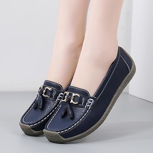 Image of Women's Faux Leather Flat Loafers Classic Casual Comfort Slip-On Shoes Soft Sole Dress Shoes(Navy,Size 9)