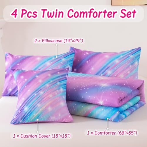 Image of Twin Bedding Set for Girls, Glitter Rainbow Comforter Set for Girls, Galaxy Purple Bedding Sets Twin Size