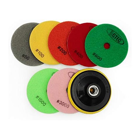 BGTEC 100mm Diamond Wet Polishing Pads for Granite Marble Mixed Grits 7pcs Pads with 1pc M14 Plastic Backer Cover