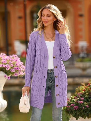 Image of PRETTYGARDEN Long Sleeve Cable Knit Long Cardigan for Women 2026 Spring Winter Chunky Open Front Button Sweaters with Pockets