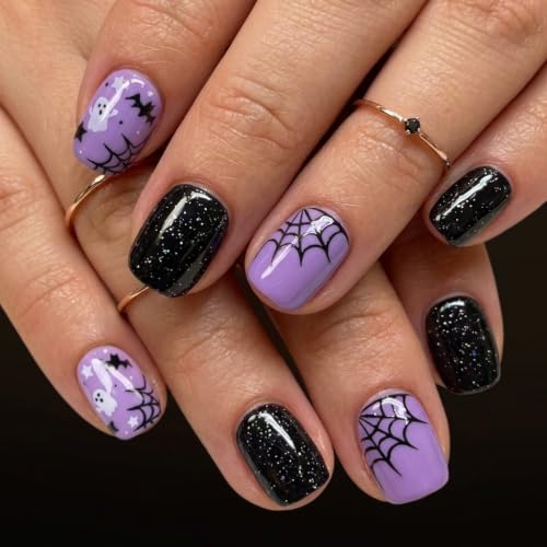 CurvLife Halloween Extra Short Square Press On Nails, Spooky Night