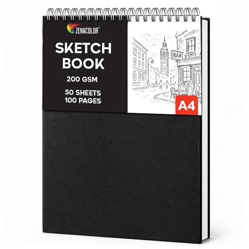 Zenacolor Sketch Book A4 - Hardcover Sketchbook 50 Sheets/100 Pages & 200GSM Very Thick Paper Art Book, Spiral Bound - Drawing Pad for Artist: Sketching, Portraits