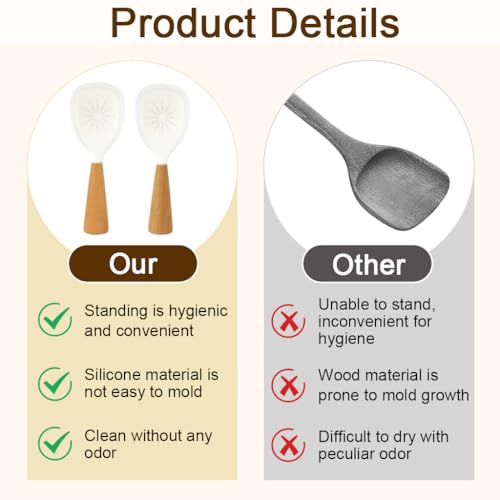 Image of Supvox Non-Stick Rice Paddles, Set of 2 Freestanding Wooden Handle Rice Paddle, Non-Abrasive & Heat Resistant Food Grade Silicone Rice Scoop, 8.3 inch