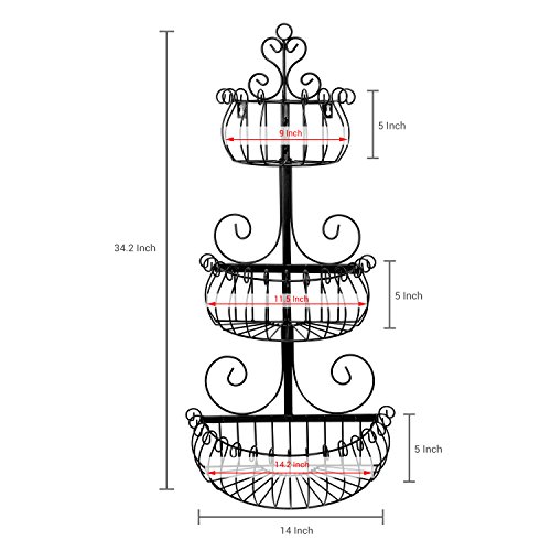 MyGift Wall Mounted 3 Tier Black Iron Metal Hanging Kitchen Basket Fruit Bowl Produce Storage Rack with Scrollwork Design - Thumbnail 4