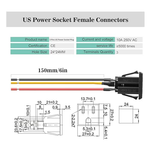 5Pcs 3 Pins US Power Socket Plug Panel with 18AWG Connection Line,15A 125V Panel Mount Outlet Plug Female Connectors Adapter
