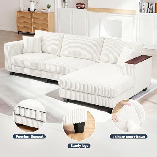 Image of 114 inch Cloud Sectional Couch with L-Shape Reversible Chaise, Modern Corduroy L Shaped Couch with 2 Pillows & Storage Armrests, 4 Seater Sectional Couches for Living Room, Plush Corduroy, White