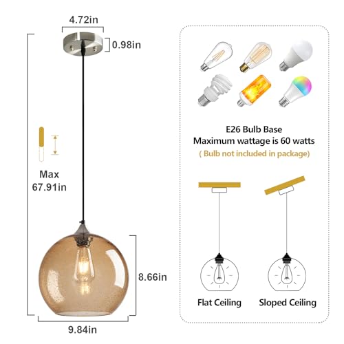 Image of Light Brown Glass Pendant Lights Kitchen Island Globe Pendant Light Fixtures Modern Pendant Lighting for Bedroom Living Dining Room Light Fixture (9.84 in, 2 Pack)