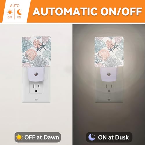Image of Beach Seashell Coral Starfish Night Light,Plug into Wall with Dusk to Dawn Light Sensors, Nightlights for Bedroom, Bathroom, Hallway, Kitchen, Gifts for Girls Women