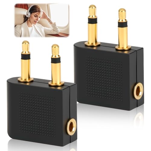 2 Pcs Premium Gold-Plated Airplane Headphone Adapter, Dual 3.5mm Audio Jack Converter for in-Flight Entertainment, Fits All Airlines & Headphones