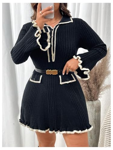 SOLY HUX Women's Plus Size Long Sleeve Knitted Sweater Dress Half Button Down Collar Bodycon Mini Dresses3