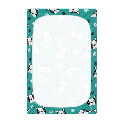 Image of Boston Terrier Puppy Head Fitted Crib Sheets Stretchy Portable Playard Sheets for Baby Toddler, Breathable Soft Mini Crib Mattress 52 x 28 in for Boys and Girls