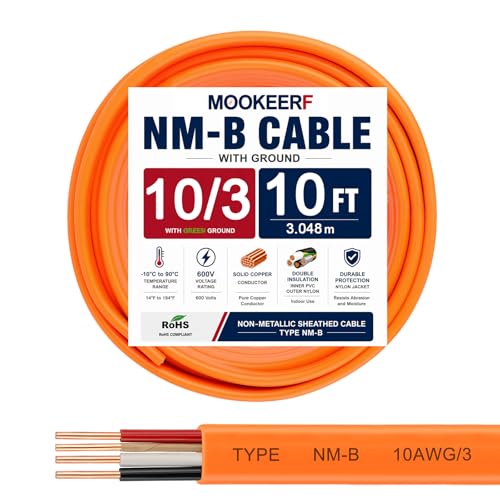 Image of 10 /3 Wire with Ground - 10FT 10 Gauge NM-B Non-Metallic Sheathed Cable 100% Pure Copper 10 AWG 3 Conductor Residential Indoor Wire for Outlets, Switches, Other Loads and Lighting Wiring Projects etc.