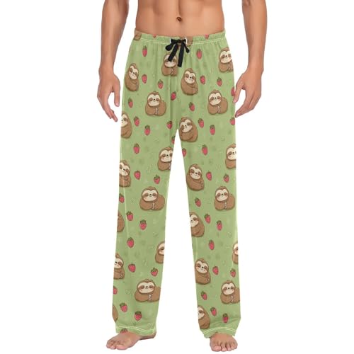 Vdsrup Men's Pajama Pants Strawberry Sloth Green Pajama Pants for Men PJs Bottoms Drawstring Pockets Sleep Lounge Pants S