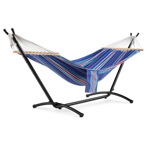 VonHaus Hammock with Stand - Freestanding 1 Person Striped Hammock Seat with Steel Frame - Polycotton Material & Adjustable Frame for Garden - Travel Bag for Beach Camping & Outdoors - Blue Stripe
