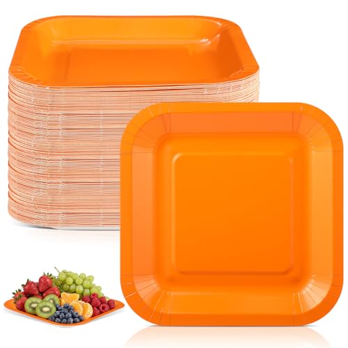 Dandat 50 Pack 7 Inch Back to School Paper Dessert Plates Square Disposable Cake Metallic Foil Plates Small Lunch Appetizer Tableware for Birthday Wedding Anniversary Party Supplies (Orange)