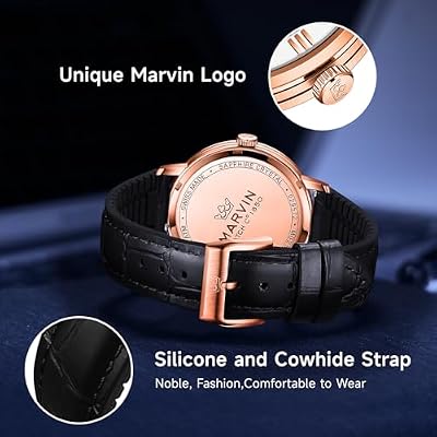 marvin Luxury Watches for Men Swiss Mens Watch Casual Men's Wrist Watches with Silicone and Leather Strap,Stainless Steel Case,Quartz Movement,50M Waterproof