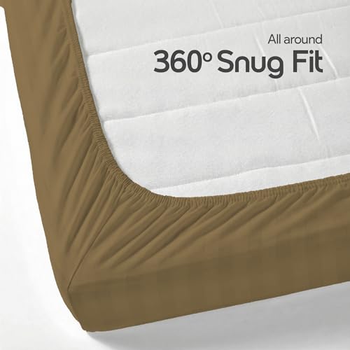 Image of LINENWALAS Cotton 300 TC Fitted Bed Sheet for King Size Bed | Signature 2 CM Sateen Stripe Design |All-Around Elastic for 4-8 Inch Mattresses | Luxury Hotel-Style Bedding (72 x 78, Mocha)