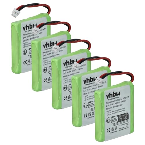 vhbw 5X batería Compatible con Tevion MD81877 teléfono Fijo o inalámbrico (600 mAh, 2,4 V, NiMH)