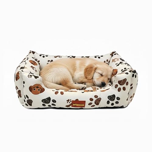 Image of SITSNOOZE Small Dog Bed (Up to 5kg) for Shih Tzu, Pomeranian, Chihuahua Puppies - Plush Soft Washable Bed, Orthopedic Cushion, Indoor Waterproof Anti-Slip Bottom Pet Mattress (Beige Printed, S)