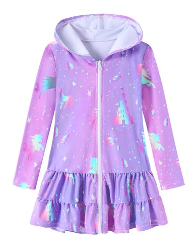 Girls Swim Cover Up Dress Long Sleeve Hooded Zip Up Bathing Suit Cute Ruffle Coverup Kids Pool Beach Robe 4-10Y