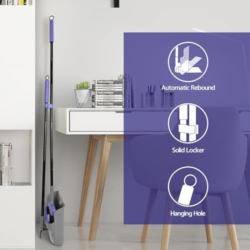 Image of Broom and Dustpan Set for Home, Long Adjustable Handle Broom with Stand Up Dustpan, 180 Degree Rotating Broom Head & Comb Teeth - Indoor Sweeping Combo for Kitchen Lobby Floor Office