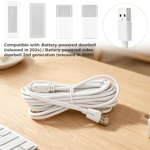 Type-C Charging Cable for Battery Doorbell, 4m/13.1ft L-Shaped Connector Compatible with 2nd Gen (2020) & 2024 Release Battery Video Doorbell 24H Continuous Power Supply