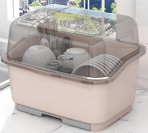 水切りバスケット 水切りラック収納 棚 防塵 防汚 キッチン 物干しボックス カトラリー 大容量 2段 ドレンラック 透明蓋付き 収納ボックス 置き場 箸かご カップ乾燥ラック 家庭用 業務用(ピンク,S)