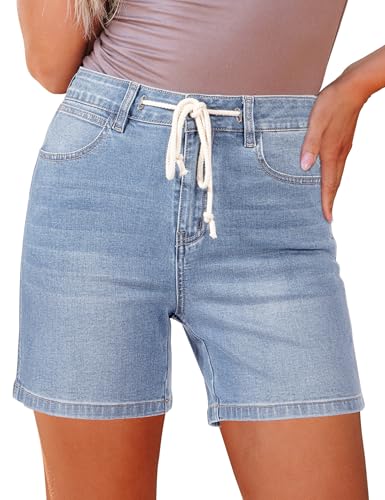 luvamia Trendy Denim Casual Shorts for Women High Waisted Summer Casual Denim Jorts Drawstring Stretchy Womens High Waisted Jean Shorts with Pockets Cool Blue Medium US Size 8-10