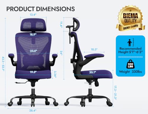 Image of Office Chair - Ergonomic Office Chair with Back Support, Ergonomic Computer Chair - Home Office Desk Chairs, 330lbs Wide Seat Big and Tall Office Chairs with Headrest, Comfy Desk Chairs (Purple)