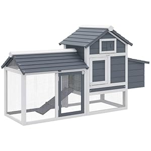 PawHut 59″ Small Wooden Chicken Coop Hen House Poultry Cage for Outdoor Backyard with 2 Doors, Nesting Box and Removable Tray, White